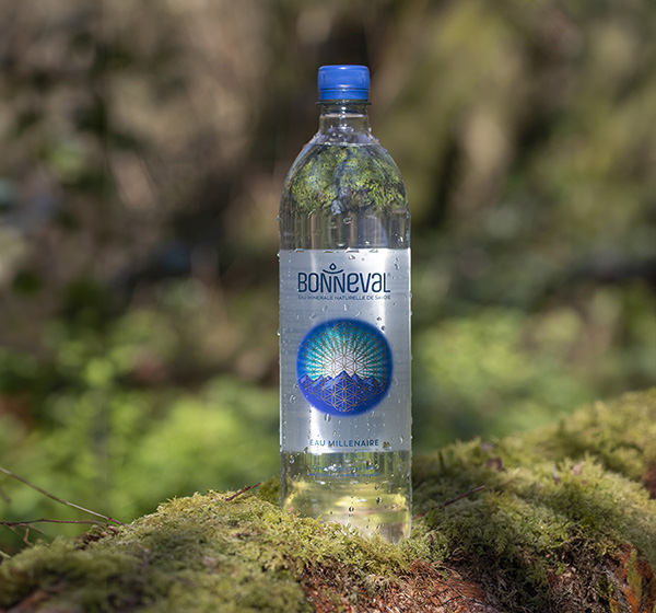 Bouteille d’eau minérale posée sur de la mousse en montagne