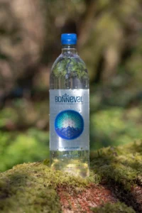 Bouteille d’eau minérale naturelle Bonneval posée sur un tronc recouvert de mousse en pleine nature